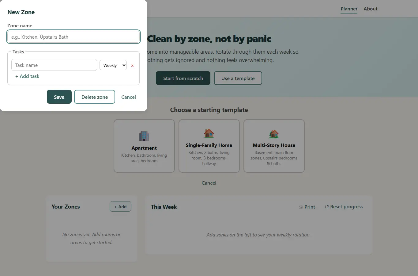 Screenshot of ZoneSweep: Cleaning Rotation Planner interface showing the project page in use